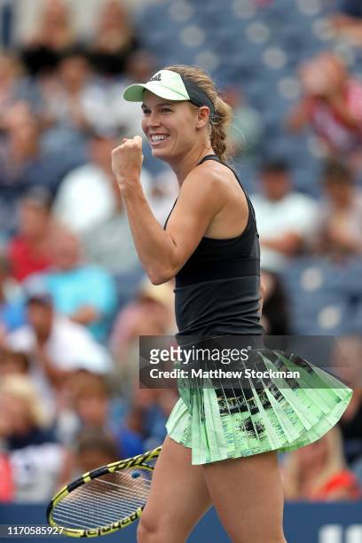 Caroline Wozniacki of Denmark reacts against Yafan Wang of China during their Women's Singles first round match on day two of the 2019 US Open at the...