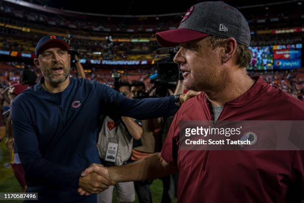 Head coach Jay Gruden of the Washington Redskins shakes hands with head coach Matt Nagy of the Chicago Bears after the game at FedExField on...
