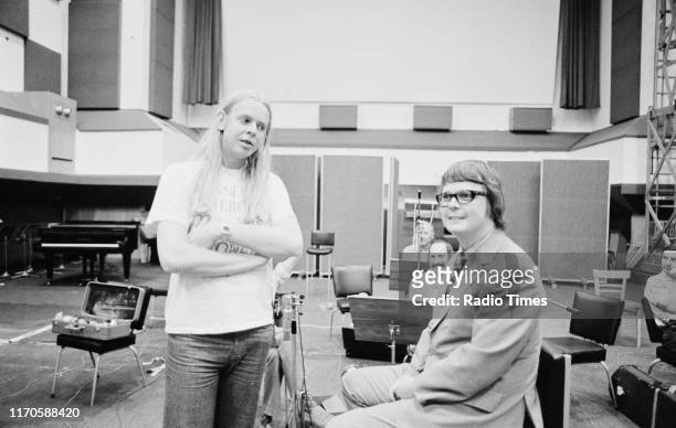 Musician Rick Wakeman interviewed by journalist Dan Wooding for the BBC television series 'Success Story', July 1975.