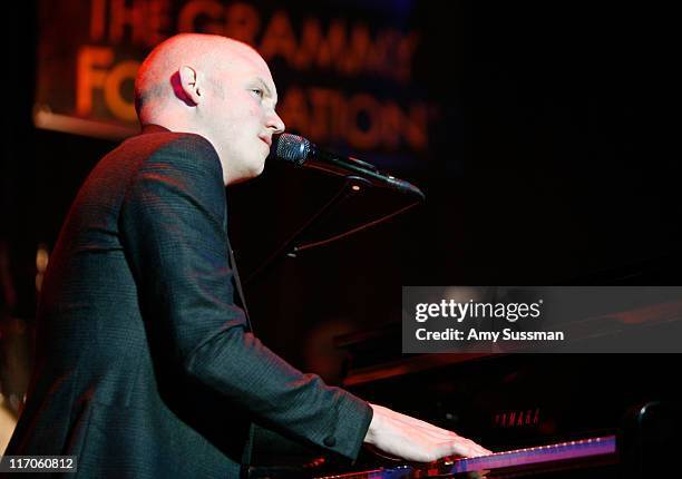 Musician Issac Slade of The Fray performs at the Music Preservation Project "Cue The Music" held at the Wilshire Ebell Theatre on January 28, 2010 in...