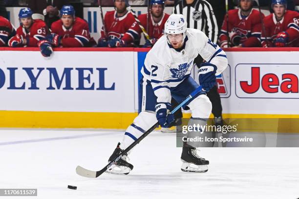 Toronto Maple Leafs center Matt Read passes the puck during the Toronto Maple Leafs versus the Montreal Canadiens preseason game on September 23 at...