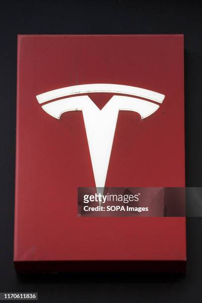 An American automotive and energy company that specialises in electric car manufacturing Tesla logo seen in Gothenburg.
