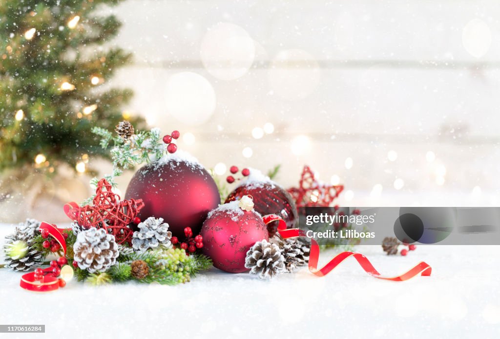Christmas Baubles on a White Wood Background
