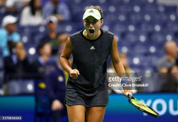 Anna Kalinskaya of Russia celebrates match point during her Women's Singles first round match against Sloane Stephens of the United States on day two...