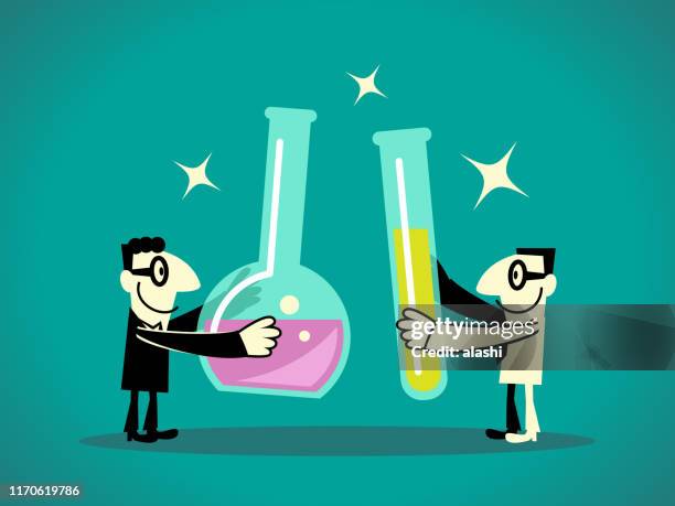 ilustraciones, imágenes clip art, dibujos animados e iconos de stock de dos empresarios que sostienen tubos de ensayo con líquido - physicist