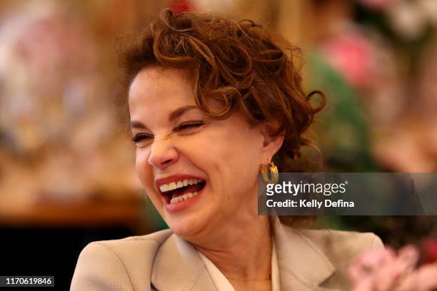Sigrid Thornton reacts during the Mercedes-Benz 'Women Driving Change' Luncheon at Port Melbourne Yacht Club on August 28, 2019 in Melbourne,...