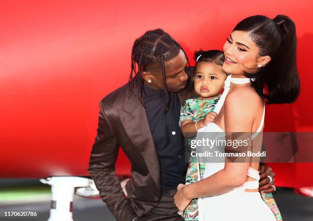 Travis Scott and Kylie Jenner attend the Travis Scott: "Look Mom I Can Fly" Los Angeles Premiere at The Barker Hanger on August 27, 2019 in Santa...