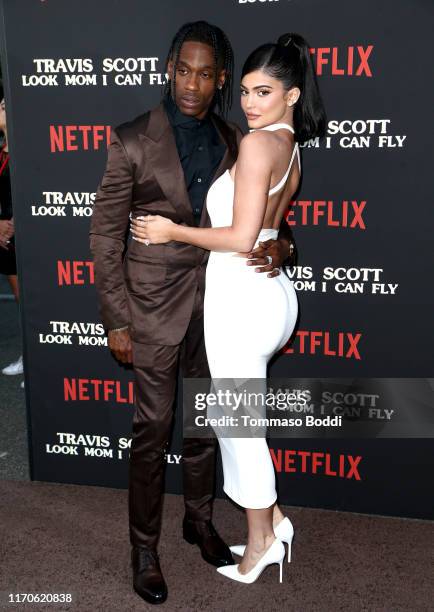 Travis Scott and Kylie Jenner attend the Travis Scott: "Look Mom I Can Fly" Los Angeles Premiere at The Barker Hanger on August 27, 2019 in Santa...