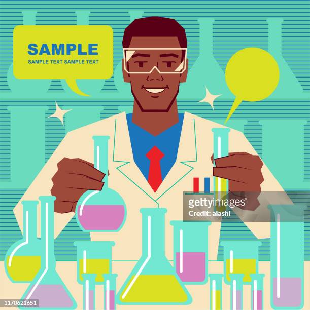 lächelnd stattliche afrikanische ethnizität wissenschaftler oder chemiker tun wissenschaftliche experimente - antibes stock-grafiken, -clipart, -cartoons und -symbole