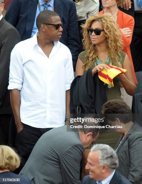 Singers Jay-Z and Beyonce Knowles are seen at the French Open on June 6, 2010 in Paris, France.
