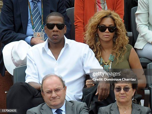 Singers Jay-Z and Beyonce Knowles are seen at the French Open on June 6, 2010 in Paris, France.