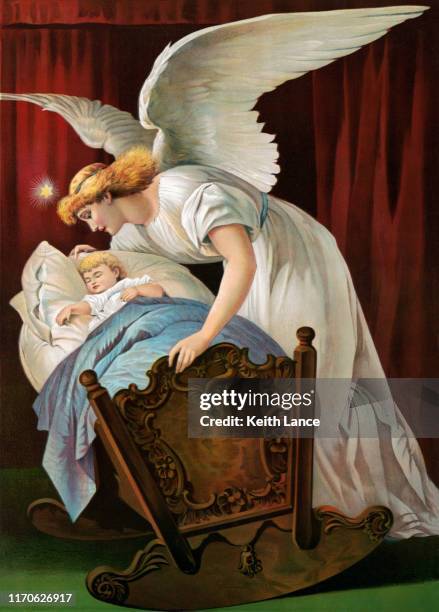 ilustraciones, imágenes clip art, dibujos animados e iconos de stock de angel susurrando a un niño dormido - baby angel