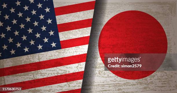 usa and japanese flag with grunge texture background. - american flag on stage stock illustrations