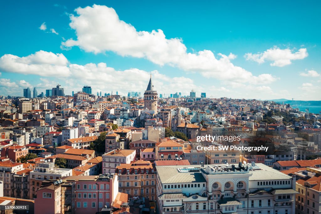Daylight drone photo of Galata tower and Istanbul cityscape