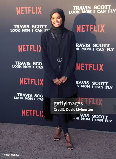 Halima Aden attends the premiere of Netflix's "Travis Scott: Look Mom I Can Fly" at Barker Hangar on August 27, 2019 in Santa Monica, California.