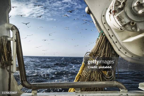 fishing boat trawler sailing out at rough sea - fishing industry stock pictures, royalty-free photos & images