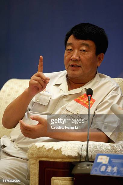 Miao Liansheng, the chairman of Yingli Green Energy Holding Company, attends a press conference on June 20, 2011 in Baoding city of Hebei Province,...