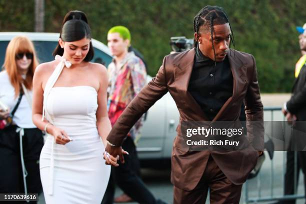 Kylie Jenner and Travis Scott attend the premiere of Netflix's "Travis Scott: Look Mom I Can Fly" at Barker Hangar on August 27, 2019 in Santa...