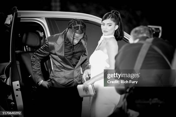 Travis Scott and Kylie Jenner attend the premiere of Netflix's "Travis Scott: Look Mom I Can Fly" at Barker Hangar on August 27, 2019 in Santa...