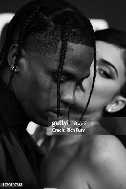 Travis Scott and Kylie Jenner attend the premiere of Netflix's "Travis Scott: Look Mom I Can Fly" at Barker Hangar on August 27, 2019 in Santa...