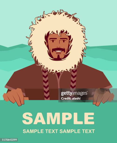 illustrazioni stock, clip art, cartoni animati e icone di tendenza di uomo eschimese sorridente con pelliccia che tiene il segno bianco - parka cappotto invernale