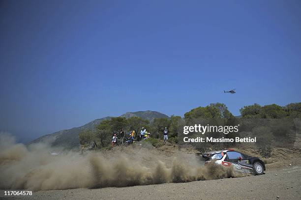 Kimi Raikkonen of Finland and Kaj Linstrom of Finland compete in their Ice1 Racing Citroen DS3 WRC during Day3 of the WRC Rally of Greece on June 19,...