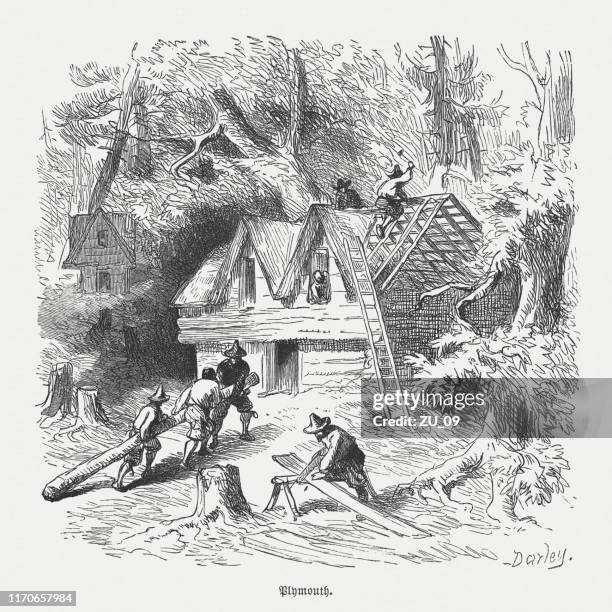 ilustraciones, imágenes clip art, dibujos animados e iconos de stock de las primeras casas en plymouth, massachusetts (1620). xiloque, publicado en 1876 - colonia