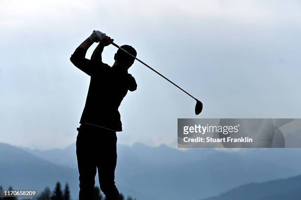 Justin Timberlake plays a shot during the Pro - Am prior to the start of the Omega European Masters at Crans-sur-Sierre Golf Club on August 28, 2019...