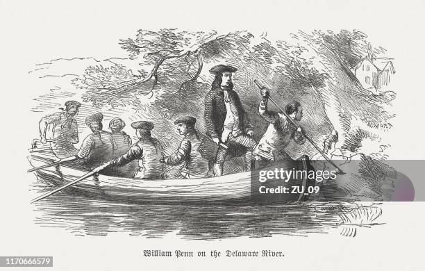 stockillustraties, clipart, cartoons en iconen met william penn op de delaware river (1682), houtsnede, gepubliceerd 1876 - delaware