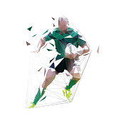 Rugby player running with ball in hands, front view. Isolated low polygonal vector illustration