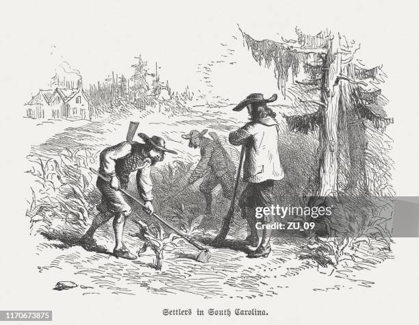 settlers in south carolina in 1670, wood engraving, published 1876 - colony stock illustrations