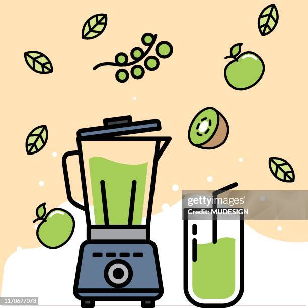 ilustrações de stock, clip art, desenhos animados e ícones de vector illustration of blender, fruits, vegetables and drinks (green smoothie) - fruit machine