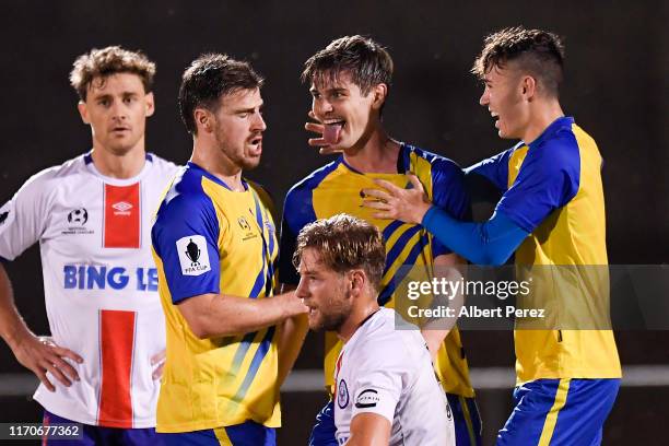 Matthew Richardson of the Strikers celebrates scoring a goal during the round of 16 FFA Cup match between the Brisbane Strikers and Manly United FC...