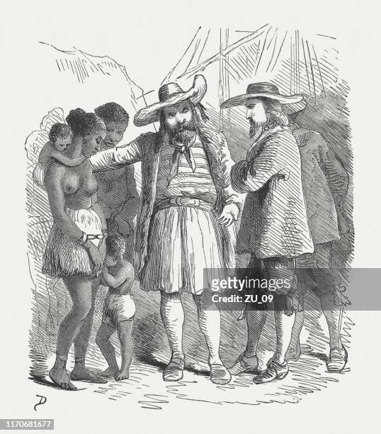arrival of the first african slaves in virginia in 1621 - 17th century stock illustrations