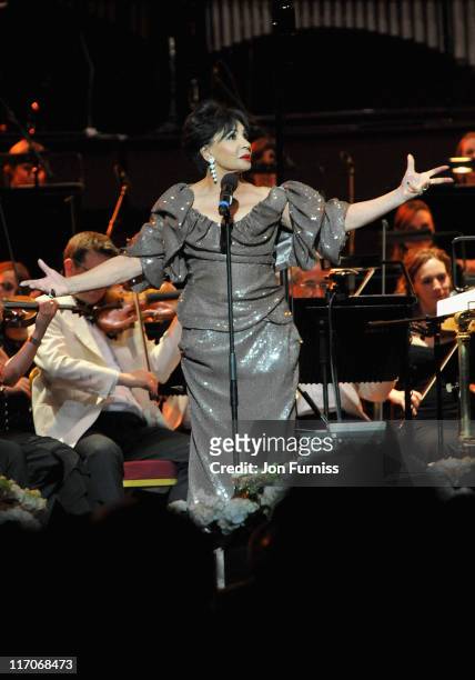 Singer Dame Shirley Bassey performs on stage during the John Barry Memorial Concert at the Royal Albert Hall on June 20, 2011 in London, England.