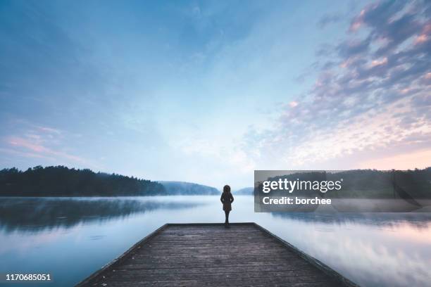 morning mist - woman pier stock pictures, royalty-free photos & images