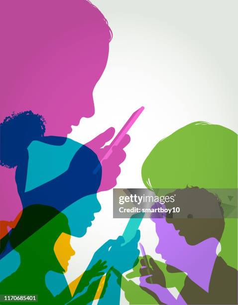 children using mobile phones - trolling internet stock illustrations