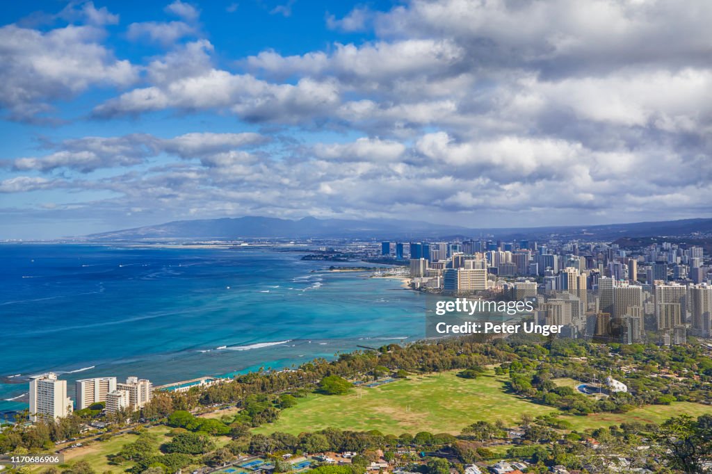High angle view cityscape of the city of Honolulu,Oahu,Hawaii,USA