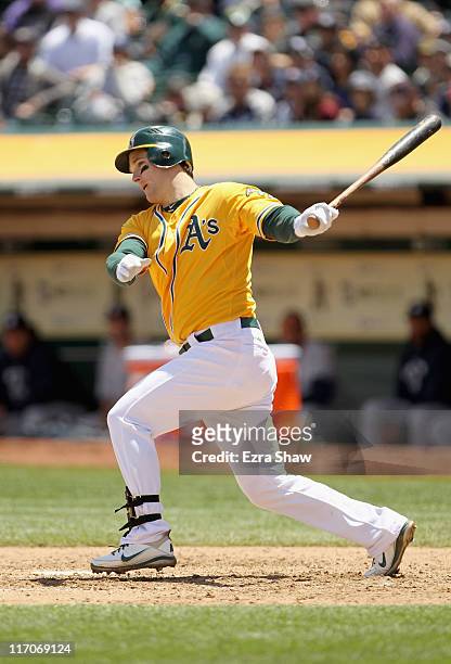 Josh Willingham of the Oakland Athletics in action against the New York Yankees at Oakland-Alameda County Coliseum on June 1, 2011 in Oakland,...