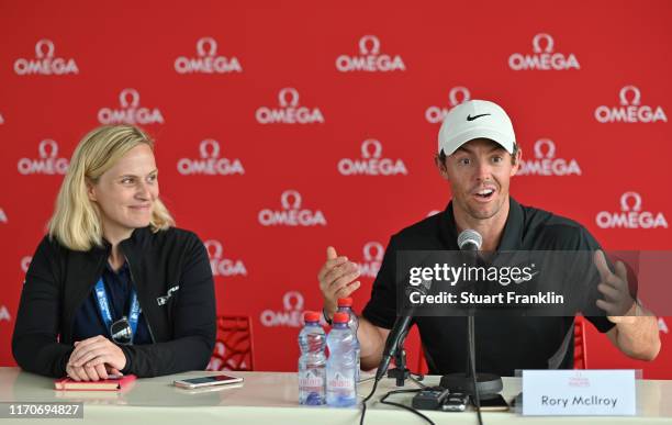 Rory McIlroy of Northern Ireland speaks to media during a press conference after the pro-am prior to the start of the Omega European Masters at Crans...