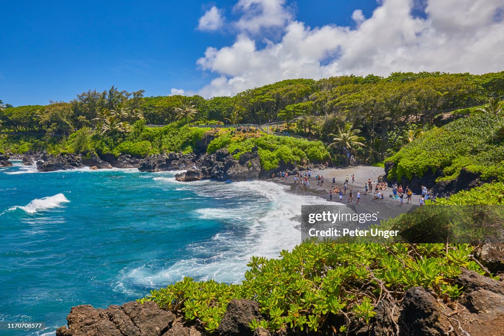 Honokalani beach,black sand beach,Waianapanapa State Park,Maui,Hawaii,USA