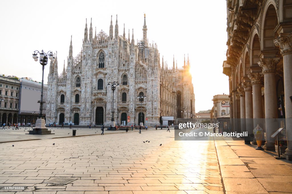 Piazza del Duomo (Cathedral Square) at sunrise, Milan, Italy