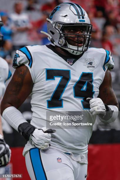 Carolina Panthers offensive tackle Greg Little warms up before the NFL football game between the Carolina Panthers and the Arizona Cardinals on...
