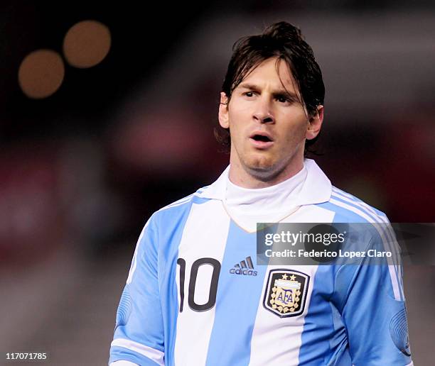 Lionel Messi of Argentina during a friendly match against Albania at the Monumental Vespucio liberti on June 20, 2011 in Buenos Aires, Argentina.
