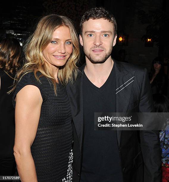 Actress Cameron Diaz and actor/singer Justin Timberlake attend the after party for the premiere of "Bad Teacher" at the The Bowery Hotel on June 20,...