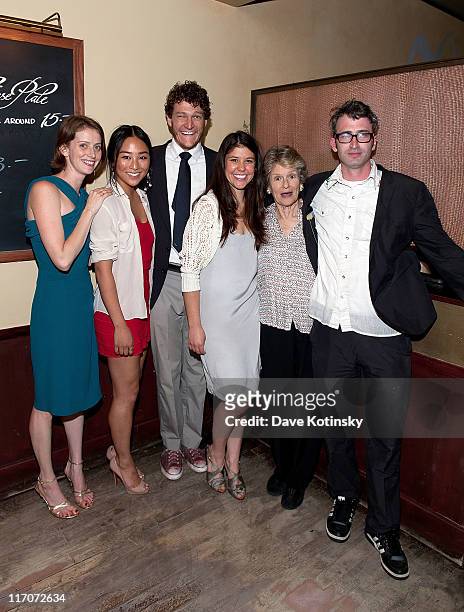 Playwright Amy Herzog, Cast Members Greta Lee, Gabriel Ebert, Zoe Winters, Mary Louise Wilson and Director Daniel Aukin attend the "4000 Miles"...