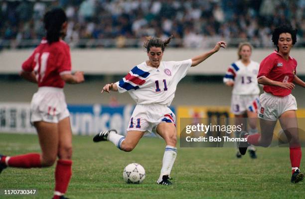 Julie Foudy of the United States in action during play in the 1991 FIFA Women's World Cup group B match between Japan and the United States at the...