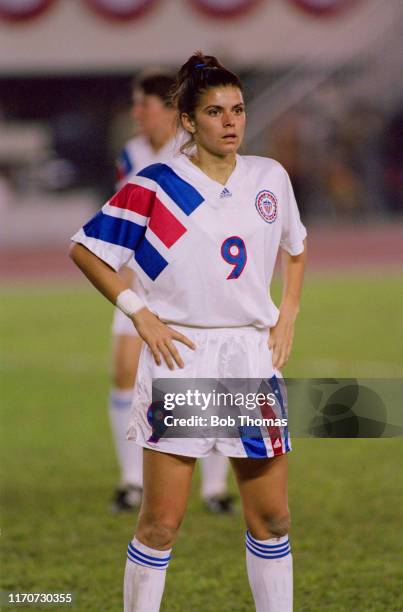 Mia Hamm of the United States on the pitch during a 1991 FIFA Women's World Cup group B match in China in November 1991. The United States team would...