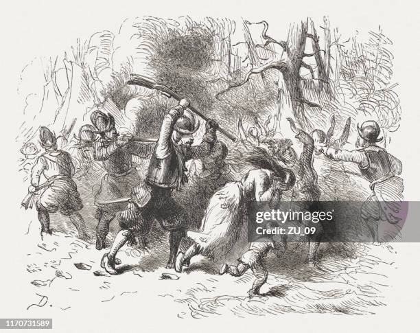 massaker an indianern in hoboken, new jersey, 25. februar 1643 - killing stock-grafiken, -clipart, -cartoons und -symbole