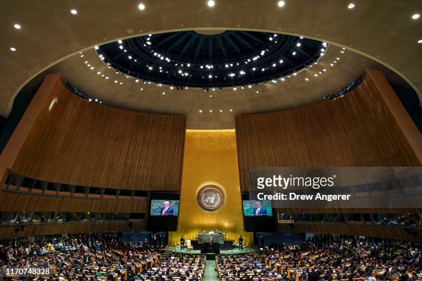 President Donald Trump addresses the United Nations General Assembly at UN headquarters on September 24, 2019 in New York City. World leaders from...
